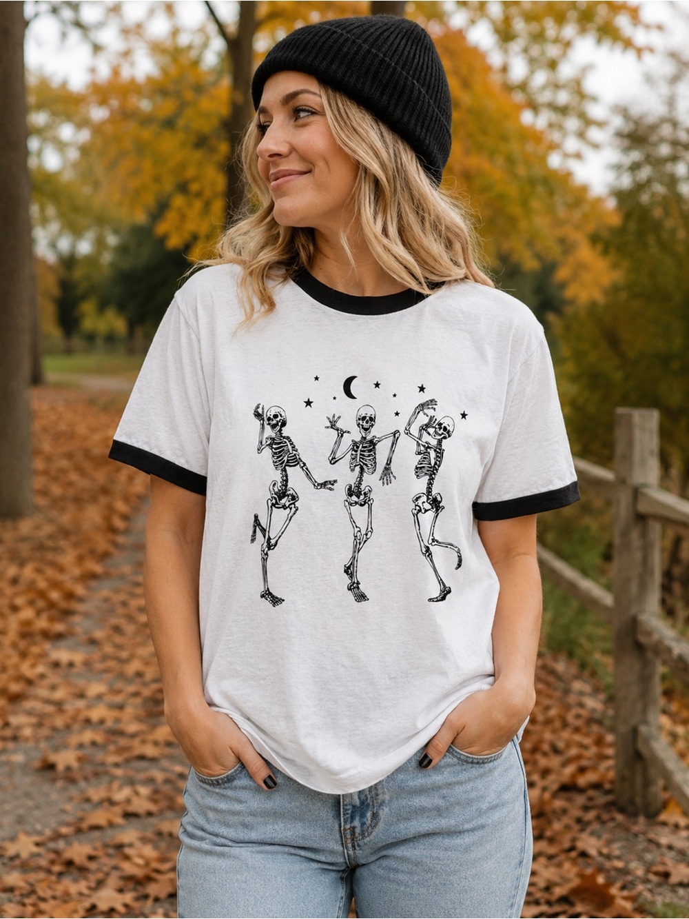 Halloween Dancing Skeleton Ringer Tee Spooky Graphic